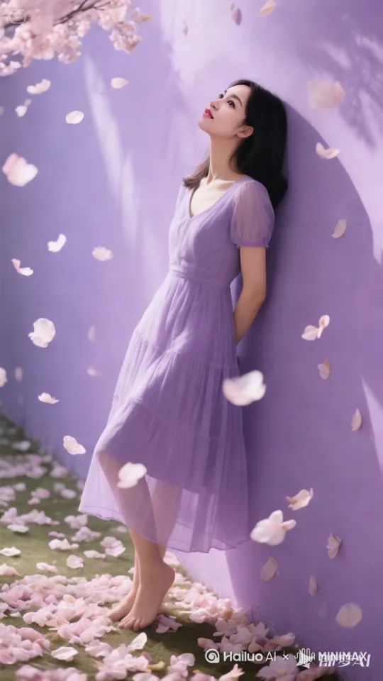突然花瓣像旋风一样转起来，女子迅速转了一圈，裙摆飞起来，裙子里飞出一大群紫色蝴蝶 by Hailuo AI Video Generator