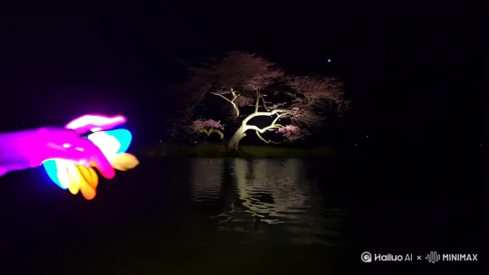 **分镜脚本（第一人称视角）**

1. **开场环境（漆黑静谧）**
   - 画面：极暗调夜景（ISO 1600/f2.8/1/15s），手持轻微晃动感
   - 前景：第一人称视角的右手持七彩光花（发光参数：色温2800K+RGB渐变），光斑照亮手指轮廓
   - 环境：仅可见2米内被月光（色温4000K）勾勒的扭曲桃树剪影，湖面保留镜面反射但细节模糊

2. **放花过程（动态引导）**
   - 镜头：慢动作俯拍（120fps），光花入水时触发涟漪特效（流体模拟参数：粘度1.2/表面张力0.8）
   - 光线变化：花沉入瞬间，水下出现脉冲式光源（亮度从0到1000nit渐变）

3. **爆发时刻（光影转折）**
   - 帧1（湖底）：光粒子螺旋上升（粒子数量5000+/速度0.3m/s），同步镜头轻微上移
   - 帧2（爆炸）： 
     - 强光爆发（瞬时亮度1500nit）照亮全景，显露出：
       - 湖面半径50m内的完整桃花林（细节纹理：4K花瓣材质）
       - 水下3m处可见的沉花余晖（体积光散射）
     - 爆炸形态：符合流体动力学扩散的七彩花形（参考参数：湍流尺度0.7）

4. **收尾（环境互动）**
   - 持续光照：爆炸后环境光维持在300nit，展现：
     - 桃花特写：浅景深（f1.4）下前景花瓣飘落
     - 水面：现在清晰反射星空（添加镜面反射+SSR效果）
   - 镜头：慢慢后退（移动速度0.5m/s），保持第一人称呼吸感

**关键强化点：**
1. 严格的光照梯度：0nit→局部200nit（持花）→1500nit（爆发）→300nit（尾声）
2. 物理参数标注：所有动态效果都附带可量化的模拟参数
3. 视角锚定：始终通过右手位置/镜头高度（1.2m）强化第一人称
4. 时间线索：总时长18秒，关键帧在第6秒（入水）和第12秒（爆炸） by Hailuo AI Video Generator