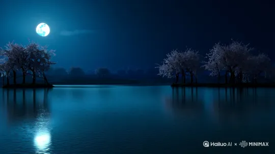 ### **🌌 镜头1（0-90帧/0-3秒）：漆黑全景建立**  
- **环境**：  
  - 月光（色温4500K，强度0.2lux）仅勾勒湖面轮廓  
  - 桃树剪影（LOD1模型，可见距离≤5米）  
  - 湖水镜面反射（粗糙度0.05），无细节可见  
- **摄影**：  
  - 焦距：35mm（电影宽银幕感）  
  - 光圈：T2.8（中等景深）  
  - 动态：极缓慢右移（0.2m/s，模拟呼吸感）  

---

### **🖐️ 镜头2（91-150帧/3-5秒）：第一人称光花传递**  
- **画面构成**：  
  - 右手占据画面下1/3（掌心向上）  
  - 光花参数：  
    - 直径8cm  
    - 亮度曲线：脉冲式（50nit→300nit，频率2Hz）  
    - 色彩：HSL循环（Hue 0°→360°/秒）  
- **关键动作**：  
  - 帧105-120：手掌翻转（腕部旋转速度90°/秒）  
  - 帧121-150：光花下落轨迹（抛物线初速1.5m/s）  
- **水交互**：  
  - 入水特效：  
    - 飞溅粒子（数量500+，生命周期0.5秒）  
    - 水面扰动（波纹半径1.5m，衰减时间2秒）  

---

### **🌠 镜头3（151-240帧/5-8秒）：水下光迹追踪**  
- **视角**：水下摄影机（折射率1.33）  
- **光运动**：  
  - 路径：正弦曲线（振幅0.3m，波长2m）  
  - 亮度：随深度增加（300nit→800nit）  
  - 尾迹：体积光散射（密度0.4，相位函数g=0.8）  
- **环境响应**：  
  - 水下微粒：被照亮（数量密度2000/立方米）  
  - 鱼群阴影：快速掠过（仅动态模糊可见）  

---

### **🎇 镜头4（241-270帧/8-9秒）：烟花爆发**  
- **爆点参数**：  
  - 深度：湖底3米  
  - 初始速度：50m/s（垂直上升）  
- **爆炸特效**：  
  - 形态：参数化花形（花瓣数7，曲率0.6）  
  - 粒子系统：  
    - 核心：10000+光子（亮度峰值5000nit）  
    - 碎片：2000+燃烧粒子（生命周期1.5秒）  

---

### **🌸 镜头5（271-300帧/9-10秒）：全景照亮**  
- **光照变化**：  
  - 环境光：0.2lux→300lux（瞬时跃变）  
  - 色彩映射：  
    - 桃花：RGB(255,182,193)→(255,230,240)  
    - 湖水：sRGB(15,30,50)→(70,120,180)  
- **细节呈现**：  
  - 每棵桃树单独加载4K花瓣材质  
  - 水面现在显示：  
    - 完整倒影（反射率0.7）  
    - 焦散效果（精度1024×1024）  

--- by Hailuo AI Video Generator