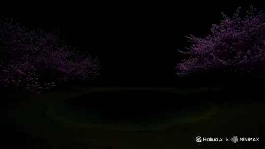 刚开始全景环境:这是一个漆黑的夜晚，这有个小湖，湖周围都是桃花树，但天太黑，几乎什么都看不见。然后近景第一人称，画面在湖边只有我的右手，我手心向上，手里有一团闪烁的光，我把手心向下，这团光落入湖里，然后透过湖水看得见它向湖中心游去。最后再切全景:光沉下去后，在湖中心下面升起一个烟花打到了天上，烟花爆炸后是一朵大的七彩花，同时照亮了整个湖面，还有周围美丽的桃花。漆黑感，电影质感
爆炸）

[推出,上升,下摇] by Hailuo AI Video Generator