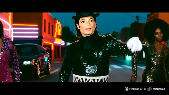 镜头跟随，在街头，人物是领舞，后面跟着两个黑人女性伴舞，标志性太空步动作，


人物造型右手指着镜头，表情冷酷，左手放在帽子上，左右摇摆，黑色软呢礼帽＋黑色亮片演出服＋银色金属装饰腰带＋白色长袜配黑色皮鞋＋双手佩戴白色水晶手套，面部精准还原MJ妆容，8K超清画质，电影级霓虹光影，胶片颗粒质感，1980年代复古色调" by Hailuo AI Video Generator
