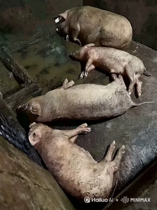 四只猪不停的抽搐 最左边的猪肚子里出现很多触手把中间两个猪缠死 最右边的猪飘在空中乱转圈然后从嘴里吐出电把最左边的猪电死 by Hailuo AI Video Generator