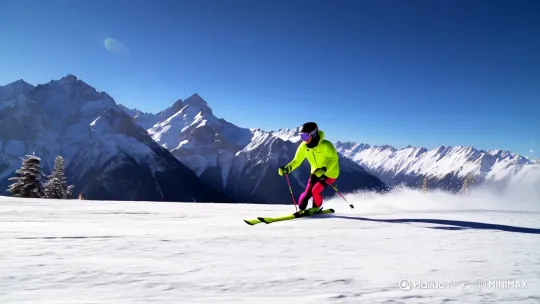 冬季雪山风光，一名身穿鲜艳滑雪服的滑雪者在雪坡上疾驰而下，身后扬起一片雪雾。滑雪者戴着护目镜和头盔，手持滑雪杖，身体前倾保持平衡，展现出专业的滑雪姿态。背景是巍峨的雪山和蓝天，远处有几棵雪松点缀。动感十足的画面，采用高速快门捕捉瞬间速度感。中景，侧面追踪拍摄，展现滑雪者的动态美和雪山壮丽景色。 by Hailuo AI Video Generator
