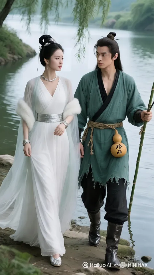 真实拍摄 电影质感 超写实，八 k 高清晰画面，高细节嫦娥仙子，身高1米7 ，气质超凡的女子。面容绝美，眉如新月，眼眸明亮深邃，鼻梁挺直小巧，唇若樱花粉嫩。肤白胜雪，泛着莹润光泽。乌黑亮丽长发精心盘起，发髻高耸饱满，饰有精致银花、玉兔造型发饰。身着月白V字领长裙外套一层薄纱 ，配宽银带，毛绒披肩添贵气。颈间银项圈嵌蓝宝石，手腕叠戴细小银镯。脚踩银色亮片鞋子)和，(萧逸身形高大壮硕，长相俊美。他脸庞轮廓分明，双眸深邃有神。
 
身着青绿色粗布长袍，领口袖口黑镶边，虽衣摆破旧，却洒脱不羁。腰间草绳挂着写有“珍品”的泛黄旧葫芦，透着神秘。下身黑肥裤挽起，露出结实小腿，脚蹬锃亮牛皮靴，步伐沉稳有力)手拿自制翠竹钓鱼竿 。他们沿着仙河漫步，来到一处宁静而优美的河湾。这里仿佛是大自然精心雕琢的世外桃源，水流平缓而温柔，如同一位娴静的少女在轻轻诉说着故事。河岸边长着几棵垂柳，细长的柳枝如绿色的丝绦般垂落在水面上，与河水相互依偎，仿佛在进行一场亲密的对话。萧逸（眉飞色舞，手舞足蹈）：“嫦娥仙子，我跟您说呀，我在人间钓鱼的时候，有一次钓到一条特别大的鱼，那鱼劲儿可大了，就像一头蛮牛似的，差点把我直接拖到河里去！我当时死死拽着鱼竿，感觉自己都快被拉成一条直线了！”
嫦娥（掩嘴轻笑，眼中满是笑意）：“哦？竟有这等趣事，看来你这钓鱼之路，波折不少呀，那后来怎样了？”萧逸一边兴高采烈地走着，一边挥动着双手，像是在指挥一场盛大的音乐会。他时而停下脚步，兴奋地指着河水，眼神中闪烁着光芒，生动地描述着曾经钓到的大鱼的模样。他的脚步轻快而有力，
 
嫦娥仙子则迈着优雅的碎步，紧紧跟在萧逸身旁。她微微歪着头，那双明亮的眼睛专注地看着萧逸，眼神中充满了好奇与期待。听到有趣之处，她会忍不住掩嘴轻笑，那笑容如同银铃般清脆悦耳，同时轻轻晃动着身体，仿佛被萧逸的故事带入了一个奇妙的世界。
温暖的阳光如同金色的纱幔，轻柔地洒在他们身上，给整个画面披上了一层温馨轻轻拂过，仙河的水面泛起层层涟漪，波光粼粼，。周围的花朵像是受到了微风的鼓舞，舞动得更加欢快，它们的香气也愈发浓郁，弥漫在空气中，中景：镜头缓缓拉近，移至两人身上，拍摄他们边走边交谈的动作和表情。捕捉萧逸生动的讲述姿态以及嫦娥仙子专注倾听并时不时回应的神态，展现两人之间轻松愉快的交流氛围。 by Hailuo AI Video Generator