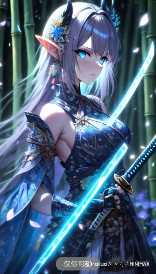 手拿着刀，眼神一副冰冷的样子，挥舞的刀对对手展开进攻 by Hailuo AI Video Generator