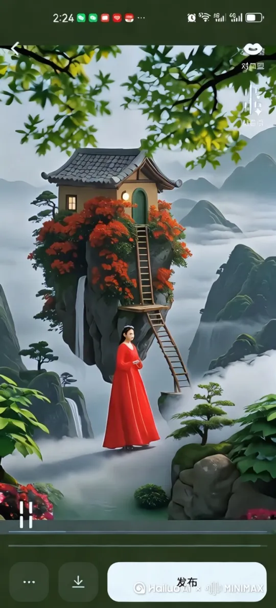 红衣美女走到小屋前面，踏上楼梯，向小屋爬上来去 by Hailuo AI Video Generator