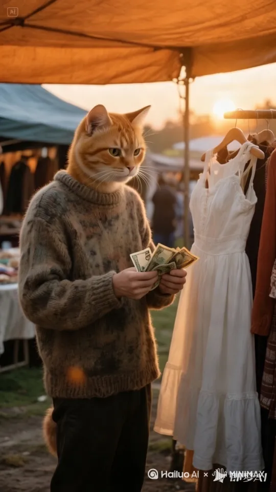 ：写实风格电影质感 黄昏农村集市，拟人化橘猫男穿着旧毛衣，手里攥着皱巴巴的钞票 说我要了，站在女装前指着一条白裙子，并把钱递过去，暖色调逆光 4K超清 by Hailuo AI Video Generator