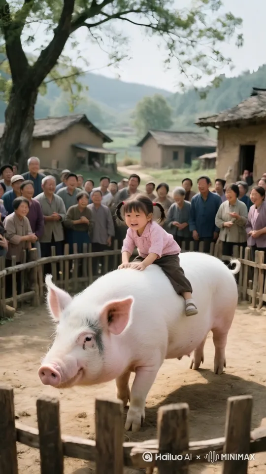 镜头移动，母猪在场地中左右奔跑、上下跳跃、疯狂跳跃，小女孩紧紧骑在母猪身上。猪突然原地起飞，带着女孩飞到空中。镜头紧跟猪飞速移动，四周是错落的农村房子 by Hailuo AI Video Generator