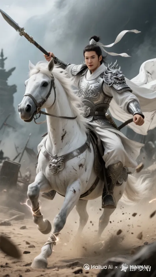 一位身着重甲的英武战士骑乘于奔腾的白马之上，身体前倾，右手高举装饰华丽的长枪，左手紧握缰绳，姿态矫健如鹰。白马四蹄飞腾，前蹄高跃，鬃毛飞扬，于弥漫的尘土与碎石飞溅中迅猛突进，仿若正冲锋陷阵，周身气势凌厉，尽显战场之骁勇。 by Hailuo AI Video Generator