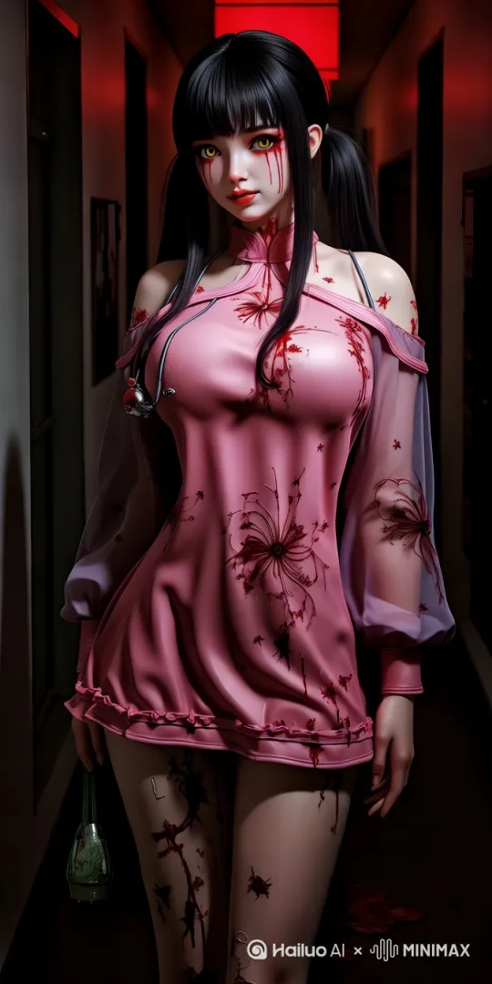 高处[推进，下降]到角色，然后[右移,左摇,跟随]，少女邪魅的微笑，右眼俏皮的眨了下眼睛，扭动细腰起舞 by Hailuo AI Video Generator
