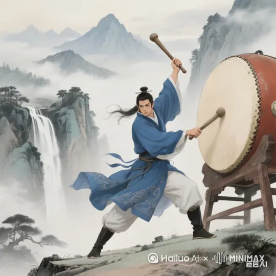 一个英俊潇洒的古风男子，双腿笔挺站在崇山峻岭之间，双手高高抡起鼓锤，沧劲有力的击打着面前的大鼓 by Hailuo AI Video Generator