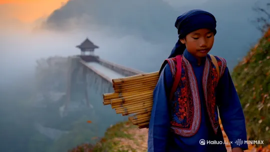 "侗族青年独自行走在云雾缭绕的山路上，藏青色包头巾，刺绣马甲，斜背竹编行囊，远处有风雨桥轮廓，枯叶飘落，黄昏暖光，水墨质感笔触" by Hailuo AI Video Generator