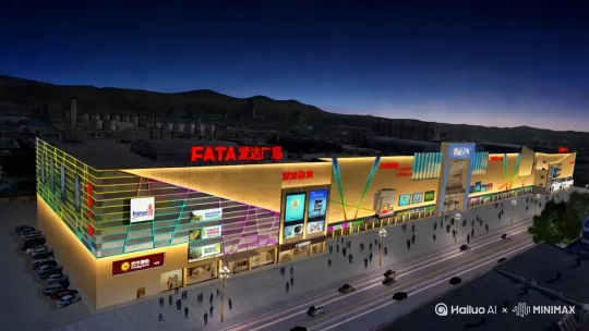 建筑上的LED屏幕实时播放商业广告，彩色线条灯光像流水一样跑动，呈现出流光溢彩的画面，镜头逐渐摇到建筑正面，3D漫游动画。[下降,上摇] by Hailuo AI Video Generator
