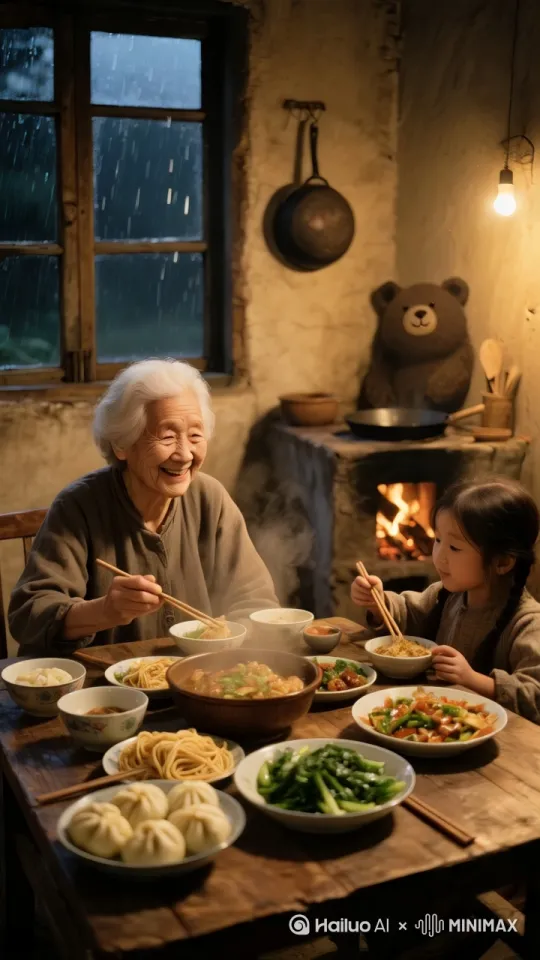 固定机位镜头，窗外正在下着暴雨，室内灶台里面还在生着火，桌子上的菜冒着热气，老奶奶一脸幸福的看着小女孩，小女孩正在吃得津津有味。 by Hailuo AI Video Generator