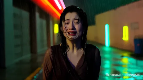 夜晚，下着大雨，霓虹灯巷子里，女生湿发贴脖颈 ，女人表情委屈，眼泪流出来，特写女人脸部流泪，王家卫电影色调。 by Hailuo AI Video Generator