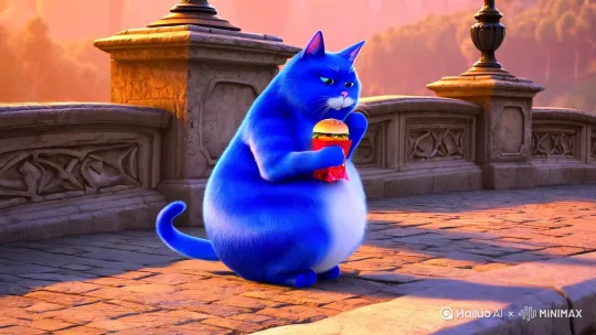 一只蓝色的胖猫坐在桥上吃麦当劳，手上比划 by Hailuo AI Video Generator