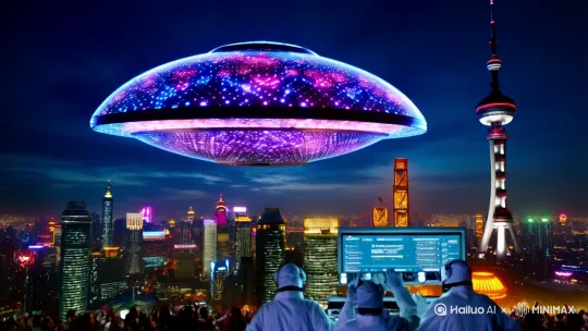 全景仰拍（0:19-0:33）
飞碟悬停在上海中心大厦上方，直径300米，表面反射城市霓虹形成动态光斑。
人群反应：科学家团队使用量子探测仪扫描（界面显示异常能量波动），市民举着手机拍摄（画面中穿插社交媒体实时弹幕）。
动态追踪（0:34-0:50）
无人机视角环绕飞碟，展示其表面纹路随环境变化（如：城市灯光触发纹路重组）。
特写：舱门处出现未知文明的全息符号，伴随脉冲式光效（参考《星际穿越》手环）。
降落过程（0:51-1:15）
俯冲镜头：飞碟以45度切入大气层，尾迹呈现莫比乌斯环拓扑结构。
接触地面：降落地面形成直径50米的能量场，空气粒子化波动（参考《降临》外星飞船）。[右移,左摇,跟随] by Hailuo AI Video Generator