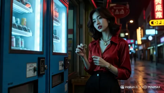 场景台词：「凌晨四点的自动贩卖机还在吞吐硬币」
拍摄景别：中景
人物景别：全身
视角：低角度平视（模拟贩卖机视角）
构图：对角线构图（贩卖机占据画面左半，人物右侧投币）
核心主体：程曼殊侧身站在贩卖机前，右手捏着两枚旧硬币
情绪动作：指尖摩挲硬币上的年份浮雕，眼神垂落至玻璃橱窗里的罐装咖啡，肩膀微缩，风衣下摆被穿堂风掀起一角
环境场景：潮湿的街道地面倒映着贩卖机的冷光，背景是褪色的「茶餐厅」霓虹灯牌，灯箱上有三盏灯泡已熄灭
艺术风格：王家卫式胶片颗粒感，画面边缘有轻微暗角
氛围光线：贩卖机屏幕的蓝白色冷光为主，远处路灯的暖黄光晕为辅
色调：钴蓝（机身）+ 铁锈红（衬衫）+ 深灰（地面）
运镜语言：镜头从贩卖机按键特写缓慢上摇，展现人物投币动作，硬币掉落声同步放大，增强画面质感 by Hailuo AI Video Generator