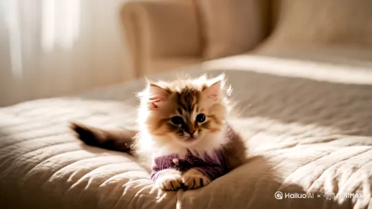 小猫穿着睡衣躺在床上突然开始大跳 by Hailuo AI Video Generator