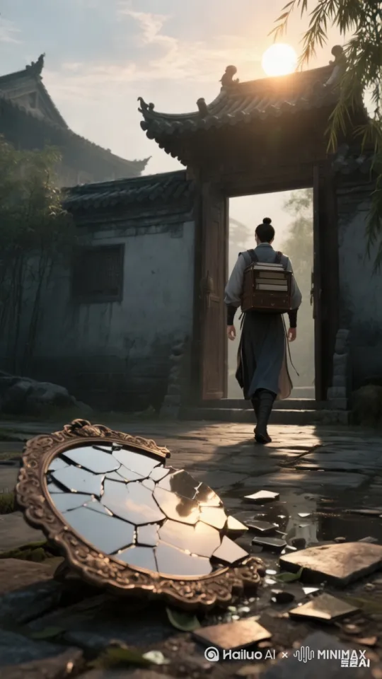 书生背着书箱离开，地上的镜子碎成一片 by Hailuo AI Video Generator