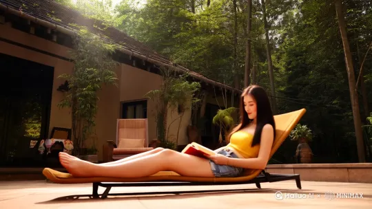 中午，中景镜头，一个树林的房子外面，院子中，长发女生，穿黄色抹胸，牛仔热裤，坐在休闲椅上看书，镜头跟随一只白色的猫跳到女人身上， 王家卫电影色调。 by Hailuo AI Video Generator