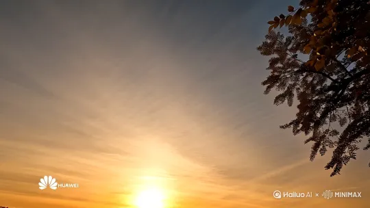 拍一个日落的晚霞，并且手机的照片水印华为，要有质感，从地上看上日落，右边还有树叶 by Hailuo AI Video Generator