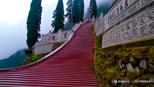 晨光初现时，登临泰山十八盘，赭红色花岗岩阶梯蜿蜒入云，两侧千年古柏如苍劲的卫士。石壁间历代摩崖石刻次第展开，篆隶楷草在青苔斑驳中低语，颜真卿的"天齐"二字犹带盛唐气韵，与王羲之飘逸的"岱宗"遥相呼应。

至南天门，忽见云海翻涌如沸，七十二峰在雾霭中若隐若现。经石峪《金刚经》的北齐刻字在湿润山气中泛着幽光，字迹随光线流转时而清晰时而朦胧。日观峰观日出最为奇绝，初阳跃出云层时，霞光将万仞绝壁染作赤金，云涛中探头的松枝竟似游动的金鳞。

后石坞古松堪称造化神迹，树冠平展如华盖，根须穿透岩石直扎地脉，虬曲枝干上凝结的松脂犹如琥珀泪滴。山风掠过松针的簌簌声里，恍惚听见秦皇汉武封禅时的礼乐，历代文人墨客的吟咏在山谷间层层叠荡。

暮色四合时，天街灯火次第亮起，宛若银河坠入人间。站在玉皇顶俯瞰齐鲁大地，方知司马迁"会当凌绝顶"之叹，原是天地作纸、山河为墨的永恒诗行。 by Hailuo AI Video Generator