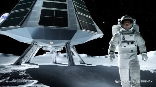 宇航员正从科技感十足的太空登月舱迈出,步履缓慢且坚定。着陆舱由四个支撑腿及太阳能板组成,其银色外壳在黑暗的宇宙背景下反射着地球的微光,周围是无尽的黑暗和明亮的星辰。宇航员的宇航服背部配有生命支持背包。随着主角向镜头走近,面罩后的脸也逐渐清晰,能看出人物面带微笑,眼神期待。电影大片质感。宇航服为白色纯色造型,不含任何方形或圆形图案。 by Hailuo AI Video Generator
