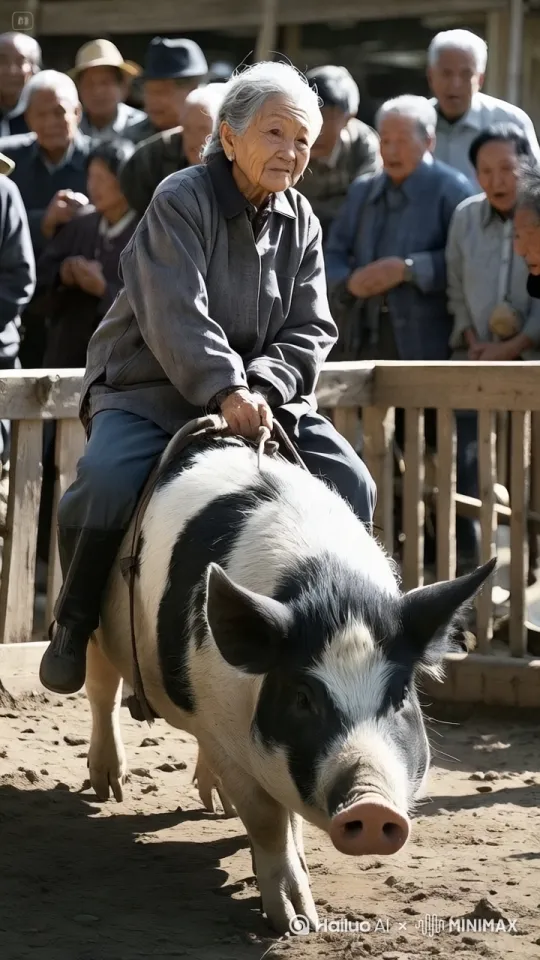 镜头移动，母猪在场地中左右奔跑、上下跳跃、疯狂跳跃，老奶奶紧紧骑在母猪身上，周围的人大声叫喊。 by Hailuo AI Video Generator