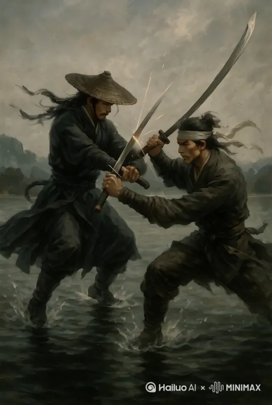 两人激烈打斗，刀光剑影，湖水飞溅，远处云端闪电雷鸣 by Hailuo AI Video Generator