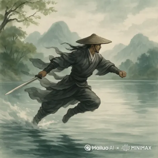 剑客快速从湖面漂过，脚下湖水飞溅，衣服随风飘扬[右移,左摇,跟随] by Hailuo AI Video Generator