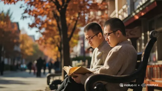 微风轻轻吹过，吹下一片叶子 ，向远处看，一个孩子在街上跑，手中拿着糖人  ，长椅上的人用手，轻轻翻动书页 by Hailuo AI Video Generator