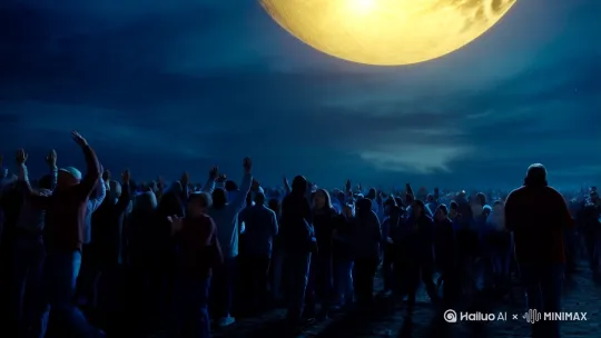 画面中有一轮巨大的明亮月亮或太阳悬挂在天空中，散发出柔和而温暖的光芒。在前景中，一大群人似乎正仰望着这轮光亮，他们的姿态各异，有的举起双手，仿佛在祈祷或欢呼。整体色调以深蓝和黄色为主，营造出一种神秘而庄严的氛围。这幅作品可能意在表达人类对自然力量的敬畏与崇拜，或是象征着某种精神上的觉醒与追求。 by Hailuo AI Video Generator