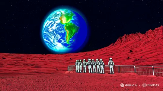一群人在一个类似月球表面的红色岩石地形上，站在护栏旁观看远处巨大的地球。地球在夜空中显得格外明亮，周围点缀着繁星点点，营造出一种科幻和未来感的氛围。人们穿着复古风格的衣服，似乎是在进行一次太空旅行或参观活动，这种场景结合了现实与想象，具有浓厚的拼贴艺术风格，通过不同元素的组合创造出独特的视觉效果。 by Hailuo AI Video Generator