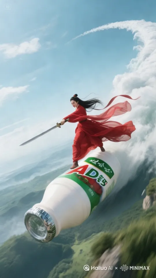仙女踩着酸奶在天空中飞行，地面上的风景随着飞行不停的变幻着 by Hailuo AI Video Generator