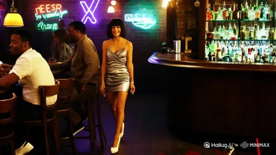 美女穿着银色丝绸吊带连夜超短裙，踩着白色高跟鞋走入一家全是黑人的幽暗酒吧，霓虹灯下，她在吧台点了一杯酒，和周围的黑人说你们都过来玩，三个黑人走了过去轮番和她接吻。 by Hailuo AI Video Generator