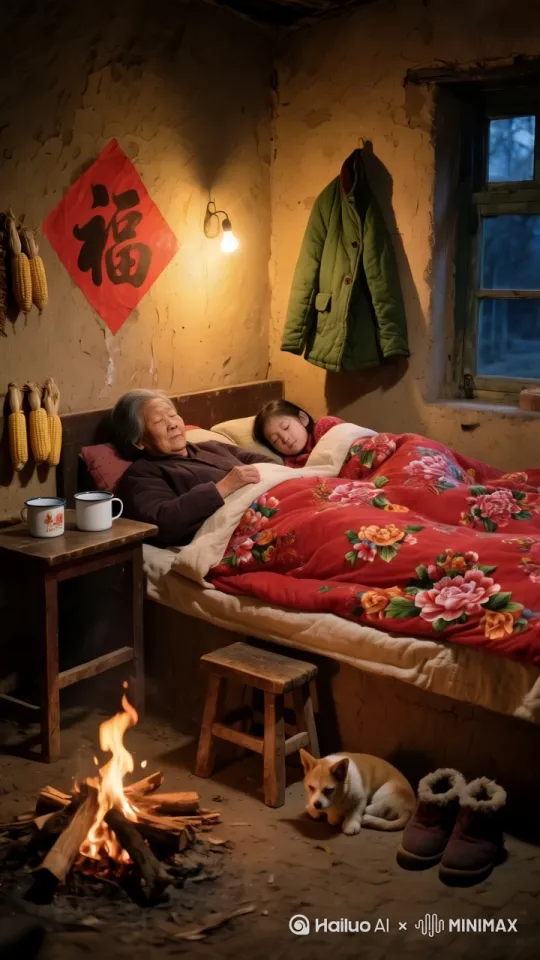固定机位镜头，老奶奶和小女孩正安然入睡，地上火堆生着火，小狗狗蜷缩酣睡 by Hailuo AI Video Generator