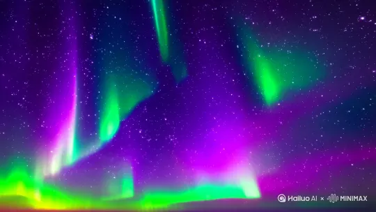 天天空中布满了极光，一颗颗星星散发着那强烈的绿光。天空像是被染了色般美丽，一切都是如此梦幻。 by Hailuo AI Video Generator