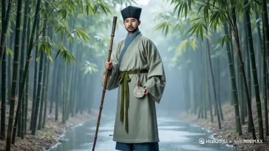 一位穿着宋朝传统服饰的中年男性，苏轼，他左手持一根竹制的手杖直立点地。他长脸瘦颊，颧骨微凸如刀削，下颌蓄山羊长须（自然垂落至胸口），眉骨棱角分明却含温润弧度，双眼狭长（眼尾三道浅纹显岁月感），瞳孔深棕泛琥珀光，鼻骨高挺带文人清贵气。他的穿搭：头戴黑色软脚东坡巾（四周直立，顶部微凹的帽子），内穿月白交领中衣，外罩「蟹壳青」宽袖襕衫（袖口及衣摆手绘墨竹暗纹），腰间系着一条绿色的腰带，腰带靠左边并挂着一个圆形的白色玉佩，他的下身穿着深色的裤子，脚上穿着浅黄色的草鞋。聚焦「莫听穿林打叶声」的逆势从容。[左移,上升]苏轼正面立於竹林中央，左手握斑驳竹杖，右手虚抬至唇边作吟啸状，衣摆被风雨掀向左侧 45°，露出内衬月白中衣的石青暗纹（暗纹为「一蓑烟雨」写意线条）。[变焦拉远]竹叶用「夹叶法」绘深青，近景竹叶带水珠（水珠反光点统一在左上方），中景竹枝倾斜成 45° 角（与人物动态形成张力），远景竹林没於青灰色烟雨。面部特写：左眼微眯抗风，右眼灼灼望向前方，唇线紧绷却上扬 10°（显「谁怕」的倔强），胡须被风雨打湿黏於下颌，颈侧青筋随吟啸动作微凸。构图采用「三角稳定构图」，竹杖与人物形成黄金三角，地面水洼倒映破碎竹影，强化「竹杖芒鞋轻胜马」的精神力量。​​ by Hailuo AI Video Generator