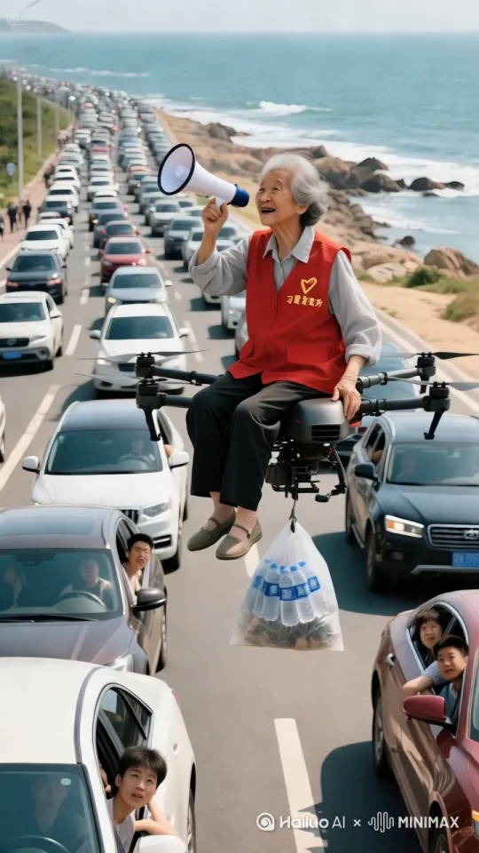 镜头移动，动态跟随，公路上停着密密麻麻的车辆，排成不见首尾的长龙，公路已经被堵的水泄不通，车身在阳光下反射着刺目光芒，喇叭声此起。在这拥堵的车流间，一位中国老奶奶坐在巨型无人机上，缓缓的往前飞。她面容清瘦，脸上刻满岁月的皱纹，此刻正微微含笑，眼中带着一丝诙谐。老奶奶坐在无人机上飞着，手里拿着喇叭向下面的游客不停的喊话，旁边几位年轻人从左右车窗探出头，满脸好奇地看着老奶奶，表情中带着疑惑与惊讶。周围车辆里的乘客也纷纷探出头投来好奇羡慕的目光。原来老奶奶是志愿者服务，因为堵车太久，是过来送矿泉水物资。远处是湛蓝的大海，海浪轻轻拍打着岸边礁石，与公路上拥堵的场景形成鲜明对比。阳光洒在路面与人群身上，营造出一种无奈又略带和谐的氛围，生动展现出五一假期滨海公路拥堵时的游客和志愿者服务活动的一幕。 by Hailuo AI Video Generator