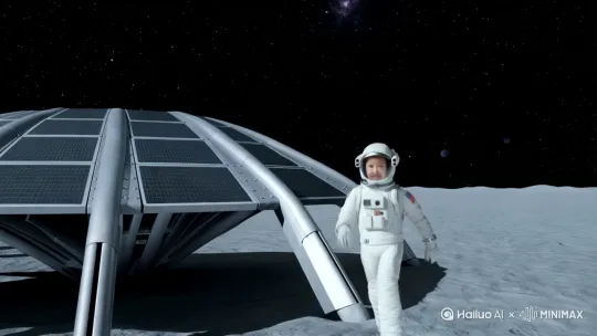 宇航员正从科技感十足的太空登月舱迈出，步履缓慢且坚定。着陆舱由四个支撑腿及太阳能板组成，其银色外壳在黑暗的宇宙背景下反射着地球的微光，周围是无尽的黑暗和明亮的星辰。宇航员的宇航服背部配有生命支持背包。随着主角向镜头走近，面罩后的脸也逐渐清晰，能看出人物面带微笑，眼神期待。电影大片质感。宇航服为白色纯色造型，不含任何方形或圆形图案。 by Hailuo AI Video Generator