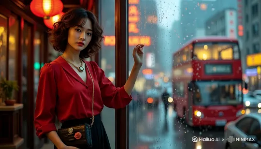 拍摄景别：全景
人物景别：中景（占画面 1/3）
视角：窗外仰视（透过雨痕斑驳的玻璃窗）
构图：三分构图（上 1/3 霓虹，中 1/3 雨幕，下 1/3 人物侧影）
核心主体：女人对准镜头站在茶楼二楼，指尖抵着冰凉的玻璃，缓慢的背对镜头看着窗外的景色
情绪动作：风衣腰带松垮地垂落，发梢沾着雨珠，目光追逐着玻璃上蜿蜒的水痕，霓虹灯光在侧脸流淌成碎片
环境场景：楼下街道车水马龙，红色双层巴士驶过「重庆大厦」灯牌，窗台上摆着三盆蔫了的绿萝
艺术风格：潮湿朦胧的港风写实，雨珠在玻璃表面形成棱镜效果
氛围光线：霓虹的紫蓝色与车灯的暖白色在雨幕中交融，人物轮廓被金色街灯勾勒
色调：靛蓝（雨夜）+ 绛红（巴士）+ 古铜（灯牌）
运镜语言：镜头从楼下街道摇至二楼窗口，随雨水滑落轨迹横移，人物转身时镜头轻微晃动，模拟手持摄影的呼吸感
参考风格关键词：复古港风胶片、王家卫式都市孤独、90 年代纪实摄影画面质感：整体采用 80-90 年代柯达胶片模拟效果，暗部保留明显的颗粒噪点，亮部呈现柔和的光晕，皮肤质感追求「有温度的瑕疵」，如鼻尖的小痣、锁骨的疤痕都清晰可见，避免过度磨皮带来的塑料感。色调氛围：以「冷调现实 + 暖调回忆」为核心，白天场景多用钴蓝、铁锈红、米黄等复古色系，夜晚则强化霓虹的紫蓝、巴士的绛红与街灯的古铜色碰撞。雨幕场景加入「湿润的朦胧感」，通过玻璃水痕、衣物褶皱的光影变化，让色彩在流动中自然过渡，如同王家卫电影中「时间被雨水泡软」的视觉隐喻。 by Hailuo AI Video Generator