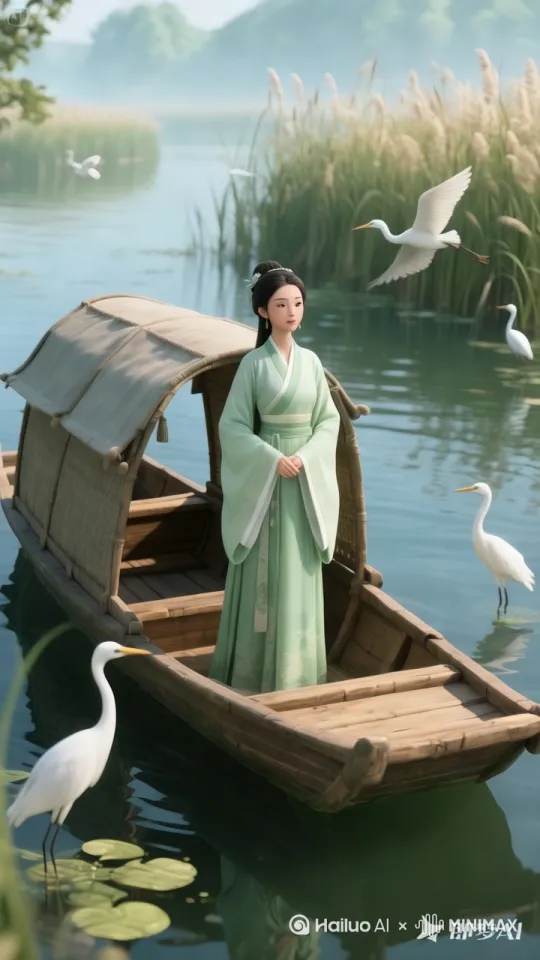 第一镜:镜头慢慢的向前推进，女子伸出手，白鹭飞停在女子纤细的手掌上，第二镜:镜头半环绕到女子背后，女子抬头看着白鹭飞去远方，第三镜:低角度推进，木船慢慢的向前划行，第四镜:镜头半环绕推镜头，脸部特写，女子忧伤眼神中略带一丝欣喜，第五镜:低角度跟随船尾，随着木船向前划行，女子看见了滕王阁，登上石台，进入滕王阁 by Hailuo AI Video Generator