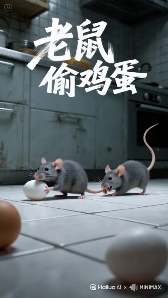 两只老鼠在厨房角落激烈争夺一枚鸡蛋，前方老鼠前爪紧抱蛋壳奋力向前，后方老鼠咬住同伴尾巴弓身后拽，扬起的灰尘在微弱光线中浮动，花猫蹲坐一旁好奇观望，尾巴尖端轻微摆动，固定镜头。 by Hailuo AI Video Generator