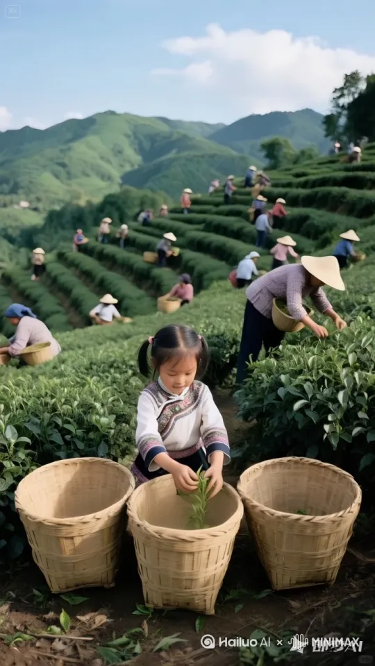 镜头移动、动态跟随：茶农们都在采茶，镜头前的这位小姑娘猛然凌空飞起，在半空翻腾旋转，茶树上的茶叶就像被魔法吸住了一样跟随着小姑娘翻腾旋转的身体，飞速的飘动。小姑娘骤然落地，手伸向三只篓筐扭身画出一道闪亮的弧线，在半空移动的茶叶瞬间添满了三只空楼筐。茶农们都惊呼雀跃！ by Hailuo AI Video Generator
