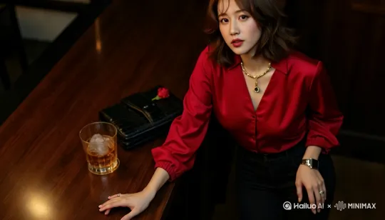 拍摄景别：近景
人物景别：半身（聚焦上半身）
场景台词：「而威士忌杯沿的口红印，比记忆先一步风干在秋夜的吧台上」
拍摄景别：特写转中景
人物景别：面部特写接全身
视角：吧台俯视（先拍酒杯，后拉至人物背影）
构图：留白构图（酒杯占画面左下角，右侧大面积黑暗）
核心主体：空威士忌杯斜倚在吧台上，杯沿清晰的玫红色唇印逐渐被木质纹理吸收，程曼殊的黑色高跟鞋尖出现在画面右下角
情绪动作：鞋跟在地面轻点两下，风衣下摆扫过吧台边缘，杯中的冰块早已融化，只剩几滴酒渍在灯光下反光
环境场景：昏暗的爵士酒吧，吧台上排列着各式酒瓶，背景墙挂着褪色的黑胶唱片，唱针停在《Take Five》的纹路里
艺术风格：光影戏剧化处理，唇印与酒渍形成视觉焦点
氛围光线：吧台灯的暖橙色聚光打在酒杯上，人物身处阴影区，只有鞋跟和红色的上衣绸缎亮面被余光染成琥珀色
色调：檀木棕（吧台）+ 酒红（唇印）+ 墨黑（阴影）
运镜语言：镜头先定格酒杯特写 8 秒，随后缓慢后拉，展现人物离开的背影，高跟鞋声与唱针摩擦声同步消失
参考风格关键词：复古港风胶片、王家卫式都市孤独、90 年代纪实摄影画面质感：整体采用 80-90 年代柯达胶片模拟效果，暗部保留明显的颗粒噪点，亮部呈现柔和的光晕，皮肤质感追求「有温度的瑕疵」，如鼻尖的小痣、锁骨的疤痕都清晰可见，避免过度磨皮带来的塑料感。色调氛围：以「冷调现实 + 暖调回忆」为核心，夜晚强化霓虹的紫蓝、巴士的绛红与街灯的古铜色碰撞。雨幕场景加入「湿润的朦胧感」，通过玻璃水痕、衣物褶皱的光影变化，让色彩在流动中自然过渡，如同王家卫电影中「时间被雨水泡软」的视觉隐喻。 by Hailuo AI Video Generator