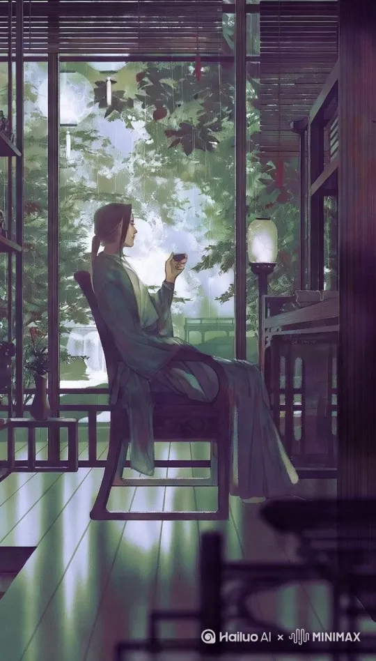 [固定镜头]让中间的人物自然地抬手喝茶，窗外的雨慢慢落下，有风将窗帘吹动。 by Hailuo AI Video Generator