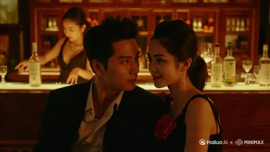 女人微笑看着男人，嘴里说着暧昧的话，男人深情的看着女人，用手抚摸着女人胳膊，后面的美女服务员在忙碌着，智能运镜 by Hailuo AI Video Generator