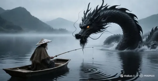 固定镜头，湖水强烈涟漪，龙眨眼，缓缓靠近 by Hailuo AI Video Generator