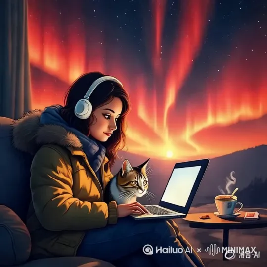 人物在工作打电脑，猫看着电脑，极光闪耀快速飞动，星光闪闪， by Hailuo AI Video Generator
